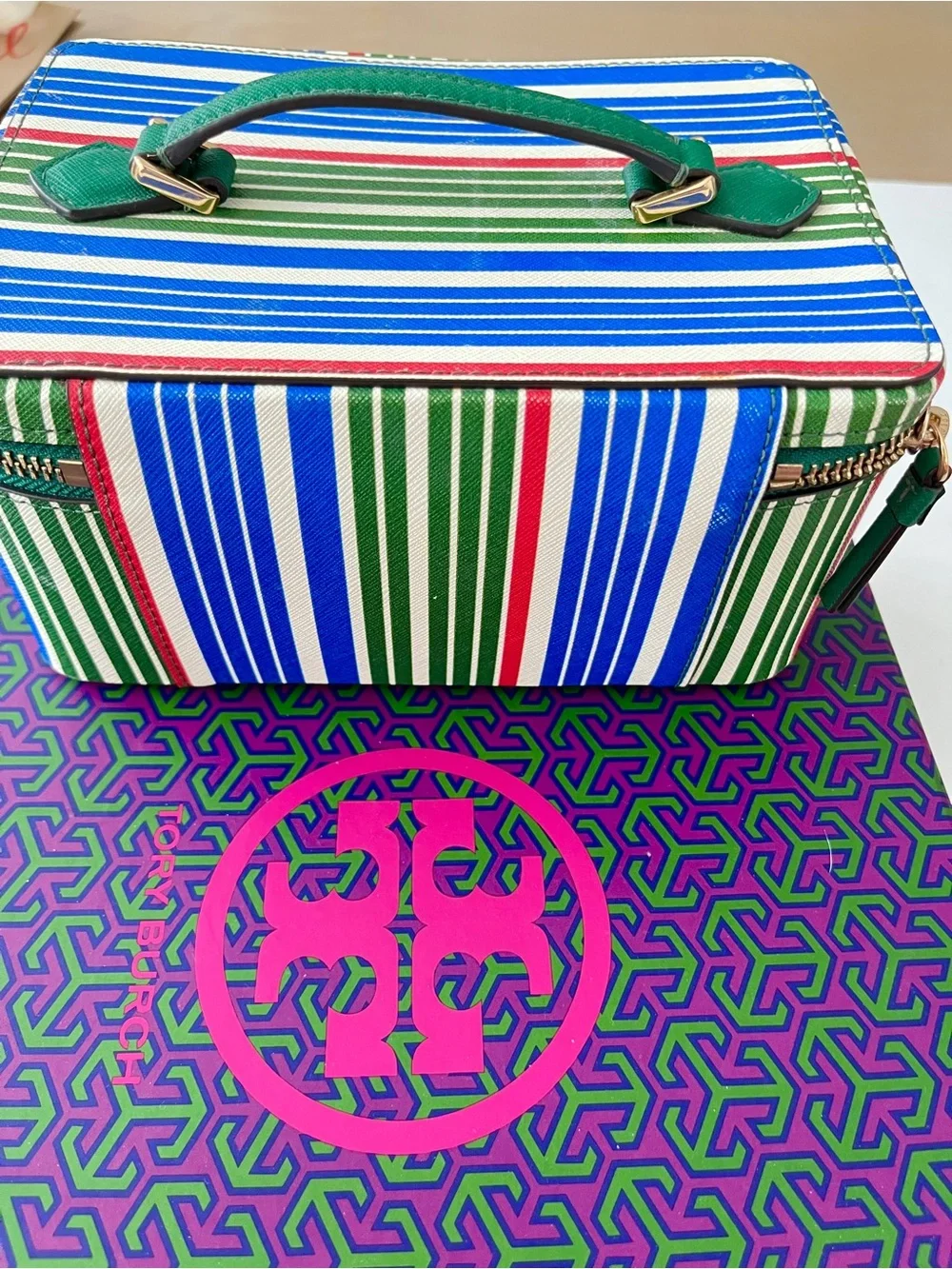 Nice Robinson Tory Burch Green Blue Striped Top-Handle Cosmetic Case